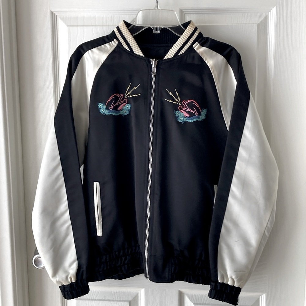 PINK DOLPHIN Reversible Silky Bomber Jacket Size M Black White Peach Pink Blue